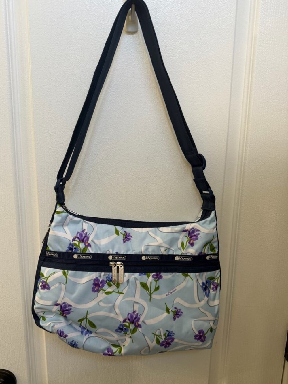 LeSportSac Ribbons of Hope blue and purple flowers nylon shoulder bag
